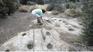 State parks archaeologist Robin Connors inspects a grinding hole at a village site in Cuyamaca Rancho State Park, where looting has been discovered.